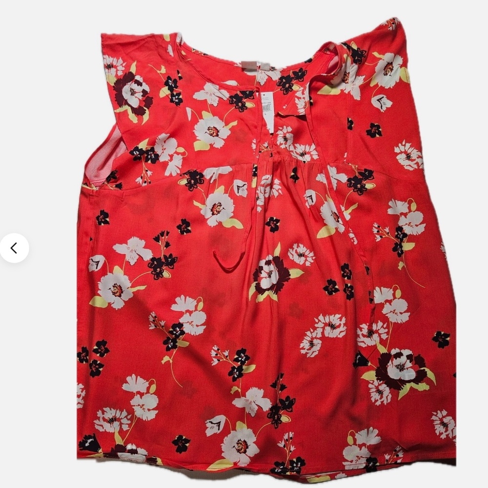 GAP Blouse Womens XL Coral Abstract Floral Cap Sleeve Lightweight‎ Flowy Top NEW